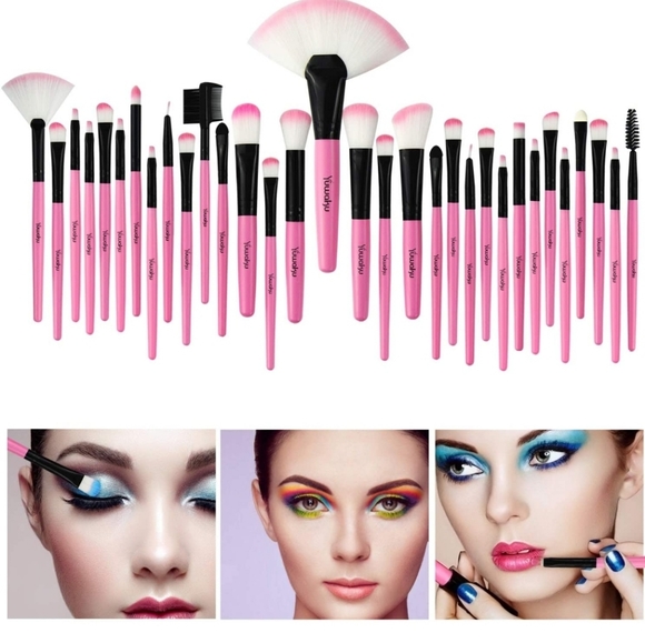 Pink Makeup Brush Set, 32pcs Premium Synthetic Brushes, Kabuki Foundation - Picture 4 of 4